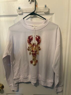 Workshop Republic Clothing White Sweatshirt with Red and Gold Sequin Lobster
